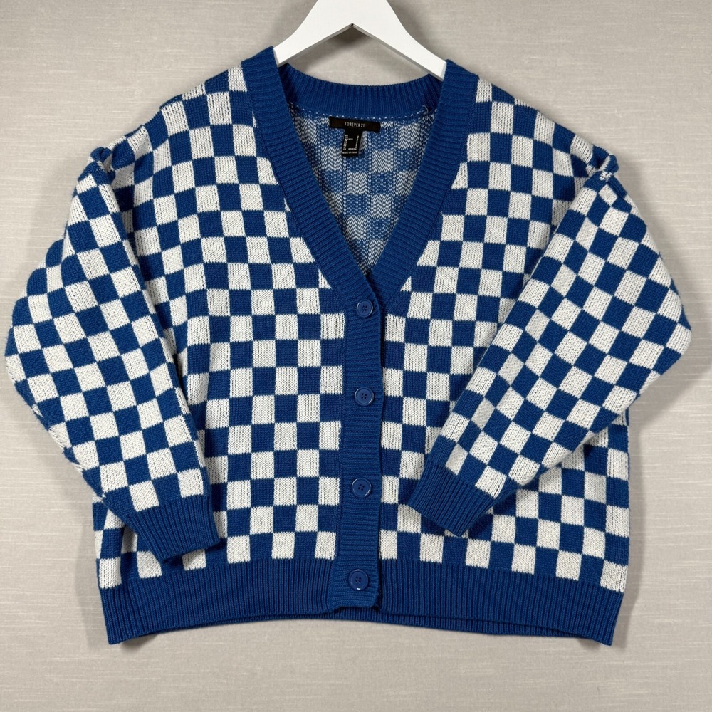 Forever 21 Cardigan Womens S Blue White Checkered Skater Punk Casual Knit Y2K